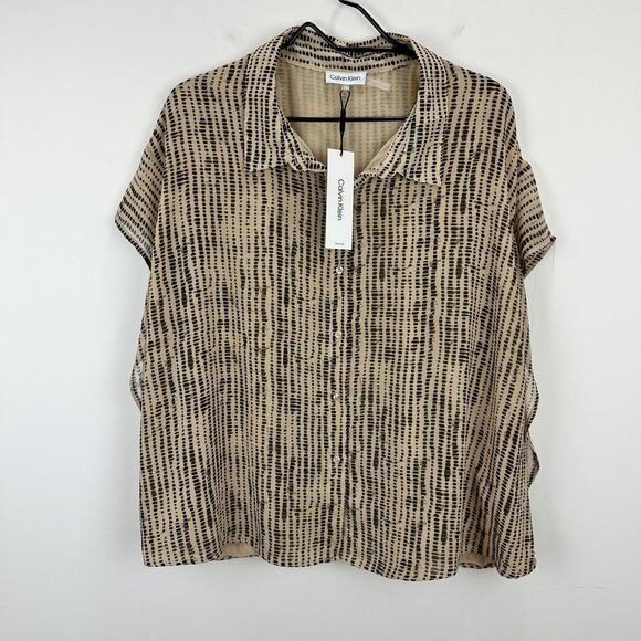 Calvin Klein Blouse Printed Chiffon Collared Button Up Beige Lightweight 3X NWT - Picture 3 of 12